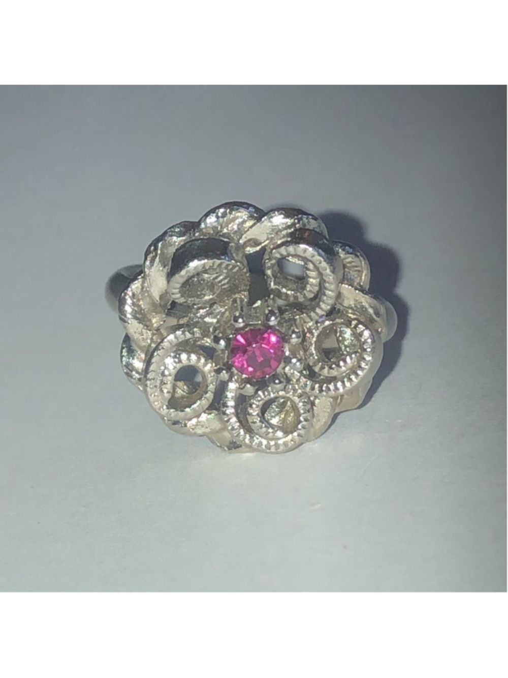 Vintage Silver Tone & Pink CZ Rhinestone Adjustable Boho Flower Ring